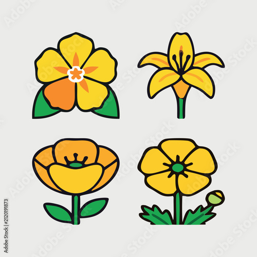 Yellow Flower Botanical Illustration with Bright Bloom and Cheerful Garden Floral Beauty