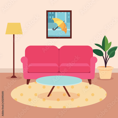 colorful living room with pink sofa flat design illustration