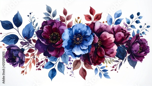 Watercolor blue and purple floral border illustration on white background