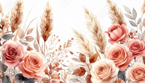 Watercolor peach roses and pampas grass floral border illustration on white background