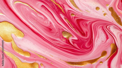 vibrant abstract swirl of pink, white, and gold with fluid flowing patterns and shimmering metallic accents.