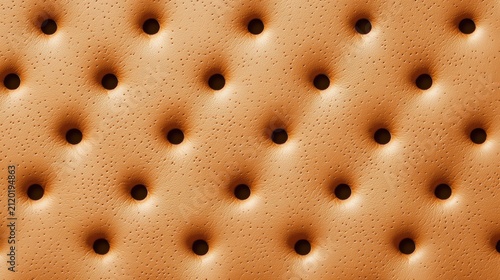 Close-up of a textured brown leather surface with evenly spaced button tufting and visible grain details.