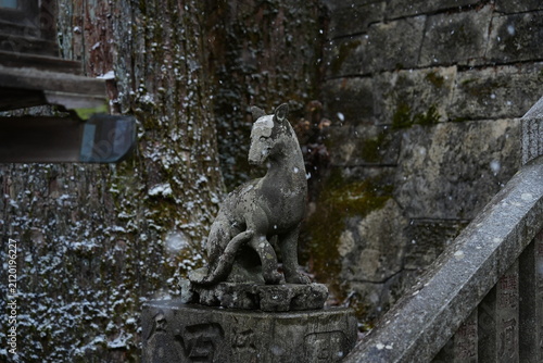 Photography Ancient stone wolf guardian statue covered in light snow at Japanese Shinto shri