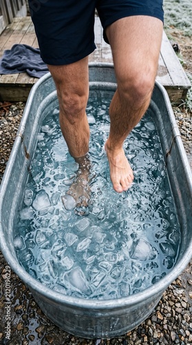 man stepping into ice bath for cold plunge