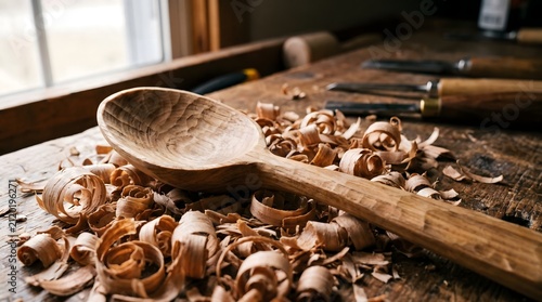 Handcrafted wooden spoon on rustic workbench with wood shavings and carving tools, traditional woodcraft concept with natural lighting for artisan creative backdrop asset