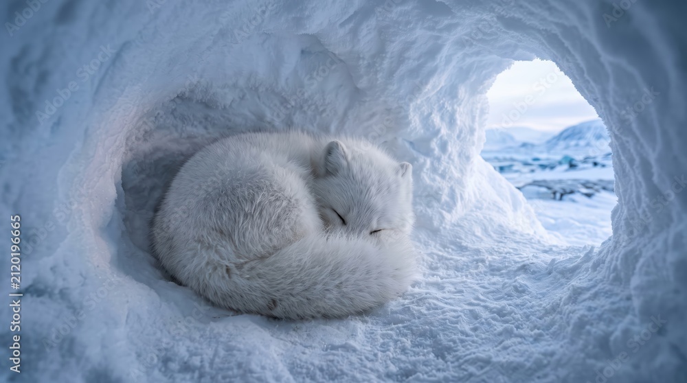 Naklejka premium Arctic fox curled and sleeping inside snowy hollow with soft white fur against icy walls, serene winter shelter scene in remote cold landscape