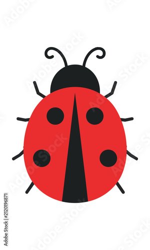 Minimalist cartoon ladybug with symmetrical wings and black spots isolated on a white background, simple insect design concept