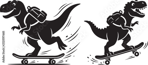 Two cartoon dinosaurs skateboarding wearing backpacks silhouette black vector with t rex dinosaur skateboard backpacker silhouette