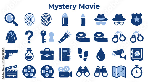 Quadro su tela Collection of mystery and detective icons representing crime investigation, suspense, and puzzle solving, perfect for storytelling and thematic design