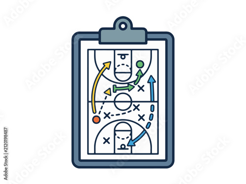 Basketball Strategy Clipboard with Play Diagram - ideal for sports coaching resources, team strategy presentations, and game plan illustrations