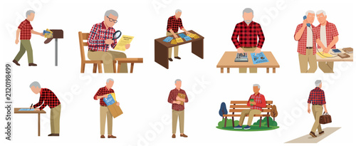 Set of flat vector illustrations featuring a senior man managing finances, reading insurance policies, sorting mail, and planning for retirement activities.
