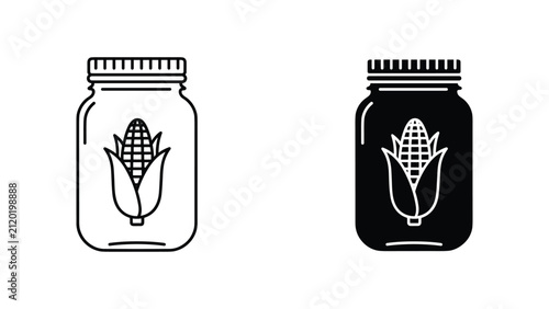 Corn in glass jar icon set in outline and solid vector design for food preservation and farming