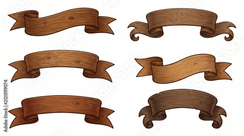 Set of Wooden Ribbon Banners with Wood Texture Isolated on White Background