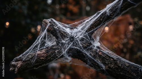 Spooky Halloween Spider Web Decoration with Black Spiders on Tree Branch at Night