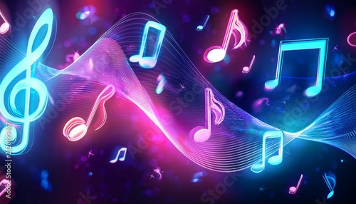 bright floating musical notes in neon pink and blue tones a backdrop for music events tracks festivals party flyers and music releases