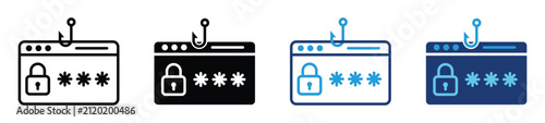 Password phishing icon set in filled and outline styles. Credential theft, login security, cyber attack, online scam, account protection and cybersecurity symbol. Vector illustration