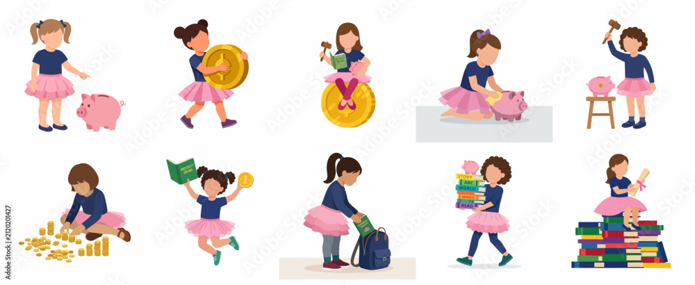 Fototapeta premium Set of illustrations of little girls saving money for education and university dreams, vector characters with piggy banks, coins, and school books for financial literacy concepts.