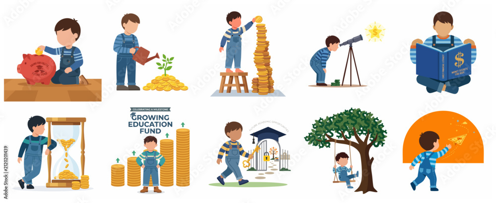 Fototapeta premium Child financial literacy and education savings fund concept set, flat vector illustrations of boy saving money, investing, and planning for future college education.