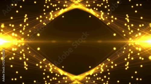 Golden light particles radiate outward and inward while symmetrical lines pulse and flow on a dark background. Futuristic backdrop inspired by light energy and symmetry.