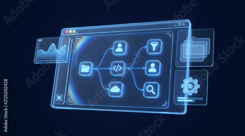Abstract glass interface for data organization and code management showing folder icons cloud storage and user profile nodes on floating dark background for software design projects.