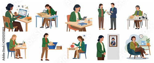 Flat Vector Illustration Set of People Managing Financial Planning, Education Savings, and Office Tasks
