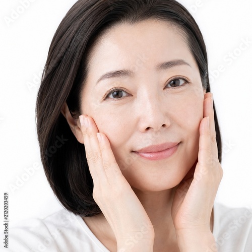 Plakat 40代女性の自然な美肌と笑顔 白背景美容広告素材