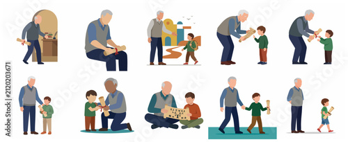 Grandfather and Grandson Sharing Knowledge and Family Legacy Flat Vector Illustration Set