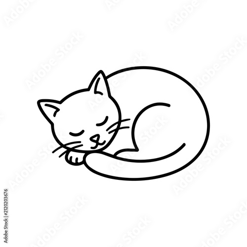 Sleeping Cat Cartoon Line Drawing.