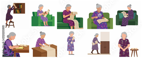 Set of flat illustrations featuring a senior woman exploring ancient scrolls, reading, writing, and researching historical documents in various poses.
