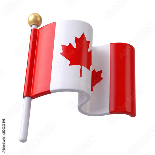 3D icon of Canadian flag on a pole, isolated on white background