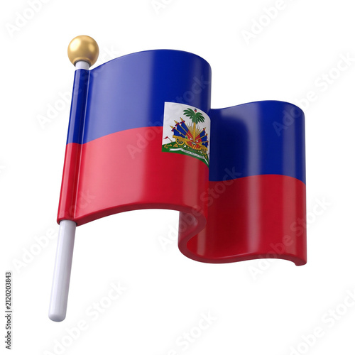 3D icon of Haitian flag on a pole, isolated on white background