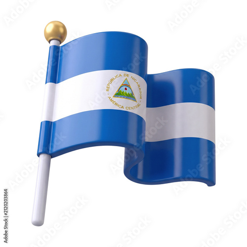 3D icon of Nicaraguan flag on a pole, isolated on white background