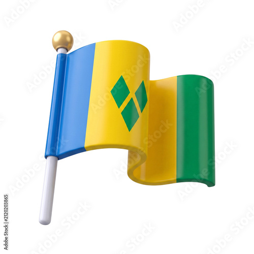3D icon of Saint Vincent flag on a pole, isolated on white background