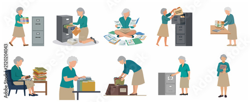 Set of illustrations of a senior woman managing and organizing medical insurance records, healthcare documents, and financial files