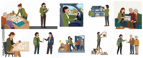 Real Estate Agent Assisting Senior Couple with Buying and Moving into New Home Illustration Set