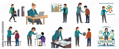 Set of businesswomen characters teaching financial literacy and portfolio diversification to students vector illustration