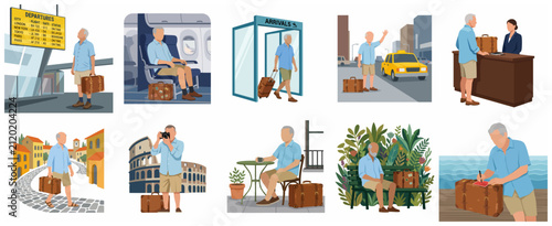 Senior traveler journey illustration set, elderly man on vacation trip scenes