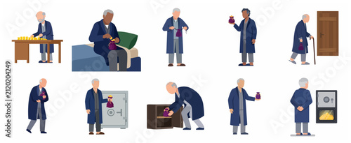 Fotografie Flat Vector Illustration Set of Elderly Men with Money Bags and Gold Coins repre