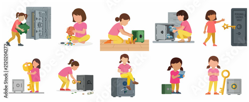 Set of illustrations featuring a young girl managing her savings with piggy banks, money safes and vaults, teaching financial literacy for kids