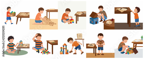 Young Boy Playing with Building Blocks and Construction Toys Illustration Set