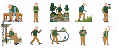 Active Senior Man Healthy Lifestyle and Exercise Illustrations Set