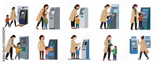 Set of flat vector illustrations of a mother and her son using an automated teller machine (ATM) for various banking transactions and financial education.