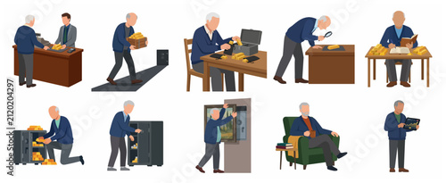 Elderly man investing in gold bars and managing financial wealth for retirement flat vector illustration set