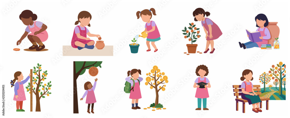 Fototapeta premium Vector illustration set of a young girl learning financial literacy, saving money, investing in her future, and the importance of education and wealth growth.
