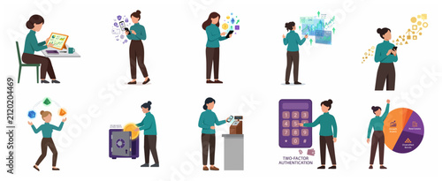 Businesswoman managing digital finance, cryptocurrency trading, and online banking flat illustration set