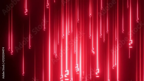 Red glowing numeric symbols cascade downward alongside vertical light streaks on a dark background. Falling motion creates glowing light and atmospheric depth.