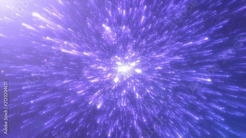 Glowing purple particles radiate outward from a bright center in an abstract animation. Abstract animation features radiating motion and luminous energy.