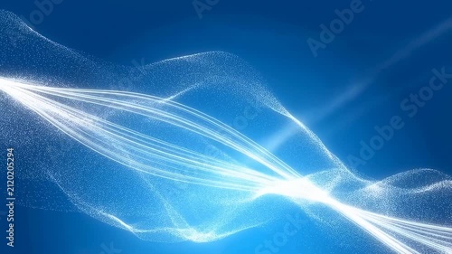 White glowing particle streams flow and undulate over a blue gradient background forming wave-like shapes. Digital animation combines glowing light with smooth movement and visual depth.