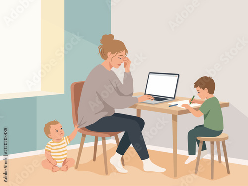 фотографія tired mother kids has distant job freelancer computer workplace stressful situat