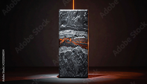 Polished volcanic basalt tile with glowing mineral vein on dark studio background